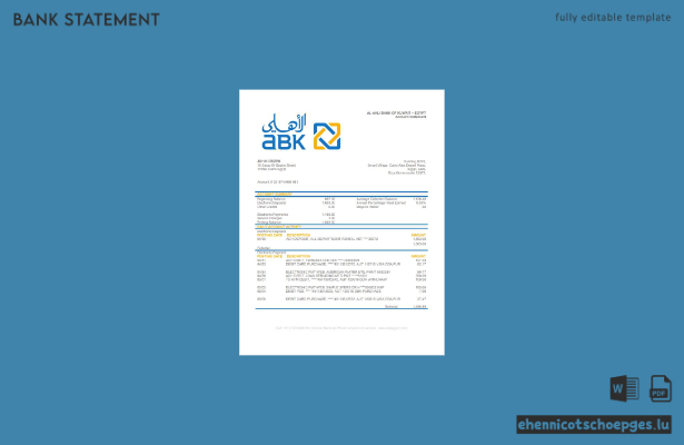 Beispiel eines Kontoauszugs der Al-Ahli-Bank von Kuwait (Ägypten)
